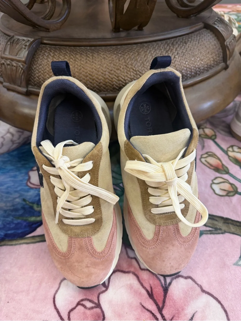 Tory Burch Suede Colorblock Athletic Sneakers in Pink, Tan & Navy